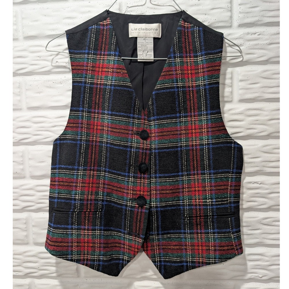 Vintage Petite Wool Blend Plaid Vest Navy Red Green Size 6P Dark Academia Granny